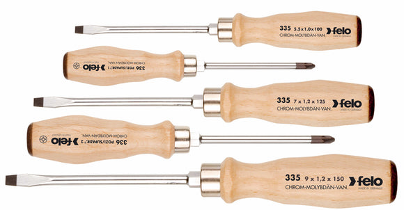 Felo 33595298 Wood Handle Slotted & Pozidriv Screwdriver Set, 5 Pieces