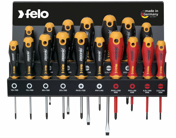 Felo 40091743 Set of SL/PZ/PH/Tx Ergonic and VDE screwdrivers on a steel stand, 17 pcs