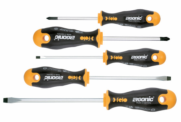 Felo 40095318 Ergonic Slotted/Pozidriv Screwdriver Set, 5 Pieces