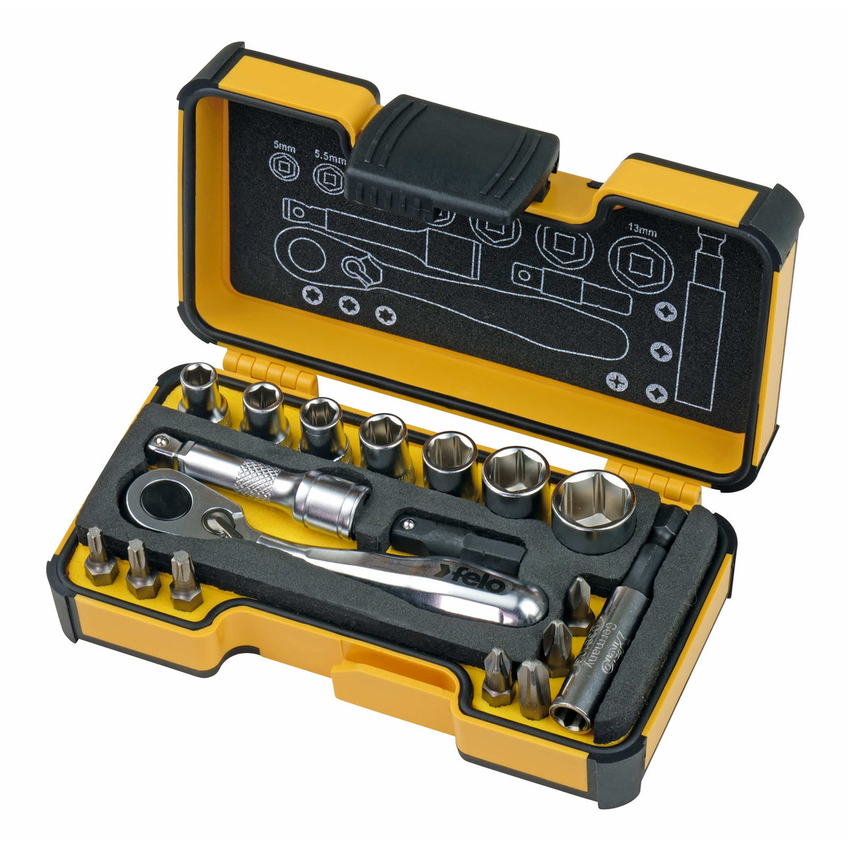 Felo Socket Kit Felo 05771806 XS 18pc Box Sockets, Bits, Mini Ratchet, Bitholder, Metr ...