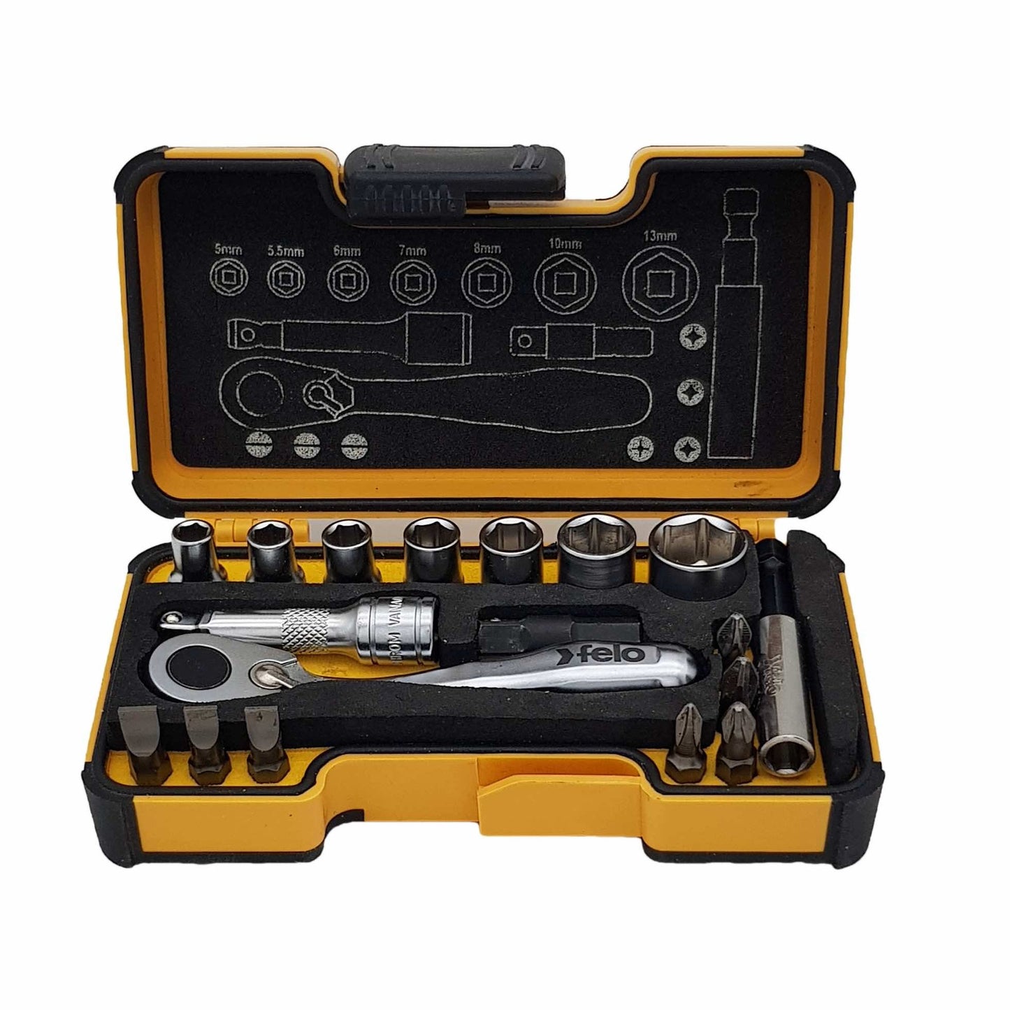 Felo 05771806 XS 18pc Box Sockets, Bits, Mini Ratchet, Bitholder, Metric