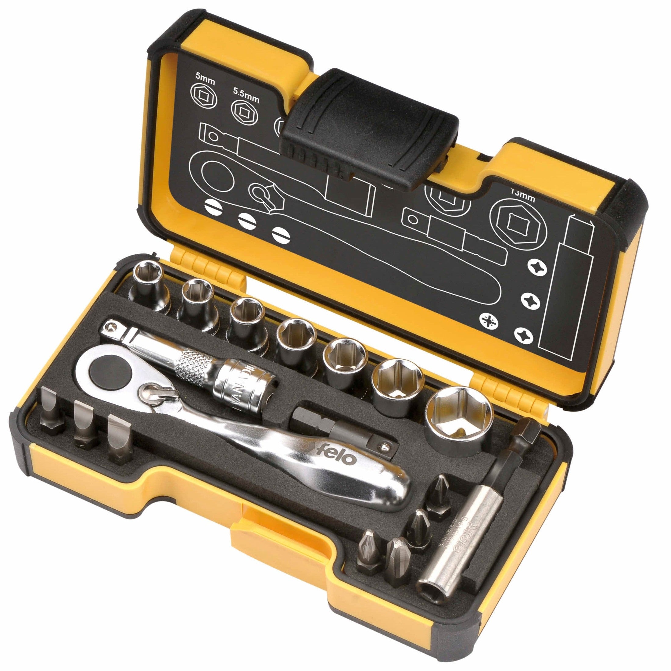 Felo 05771856 XS 18pc Box Sockets, Bits, Mini Ratchet, Bitholder, INCH ...