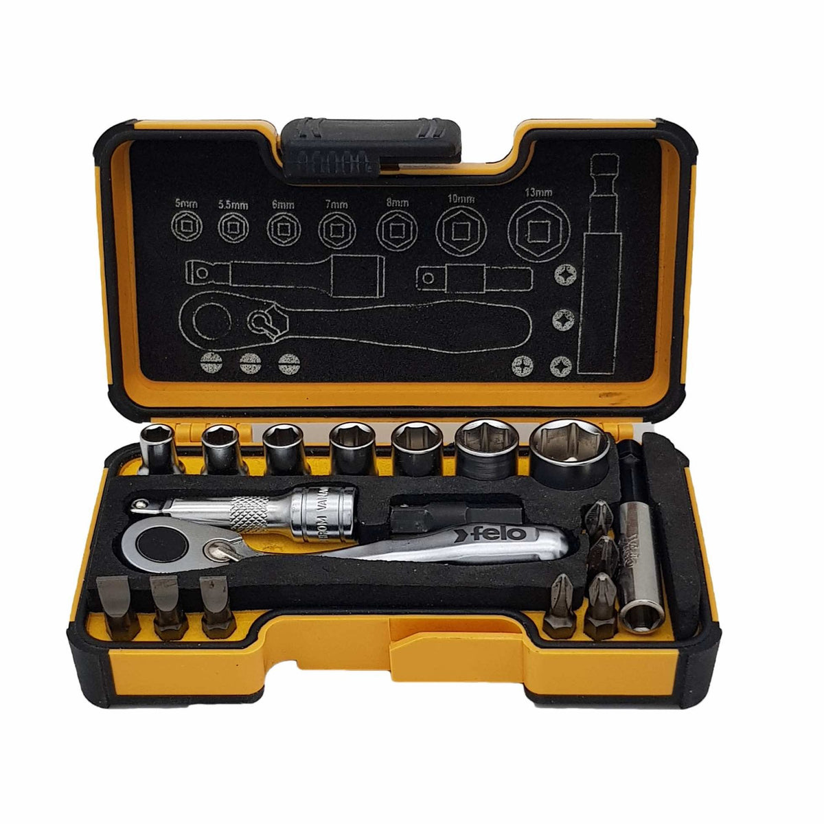 Felo Socket Kit Felo 05771856 XS 18pc Box Sockets, Bits, Mini Ratchet, Bitholder, INCH ...