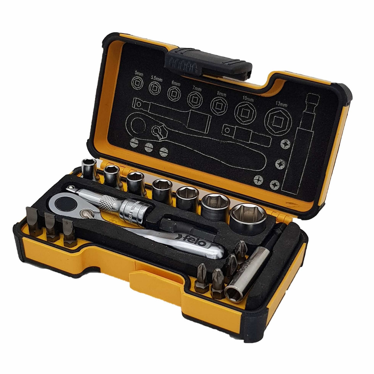 Felo Socket Kit Felo 05771856 XS 18pc Box Sockets, Bits, Mini Ratchet, Bitholder, INCH ...