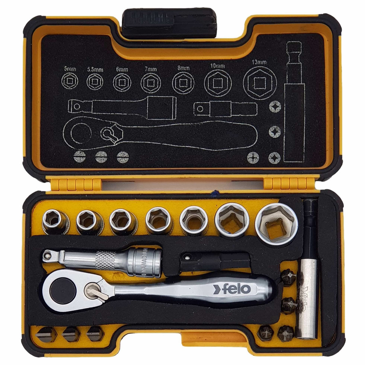 Felo Socket Kit Felo 05771856 XS 18pc Box Sockets, Bits, Mini Ratchet, Bitholder, INCH ...