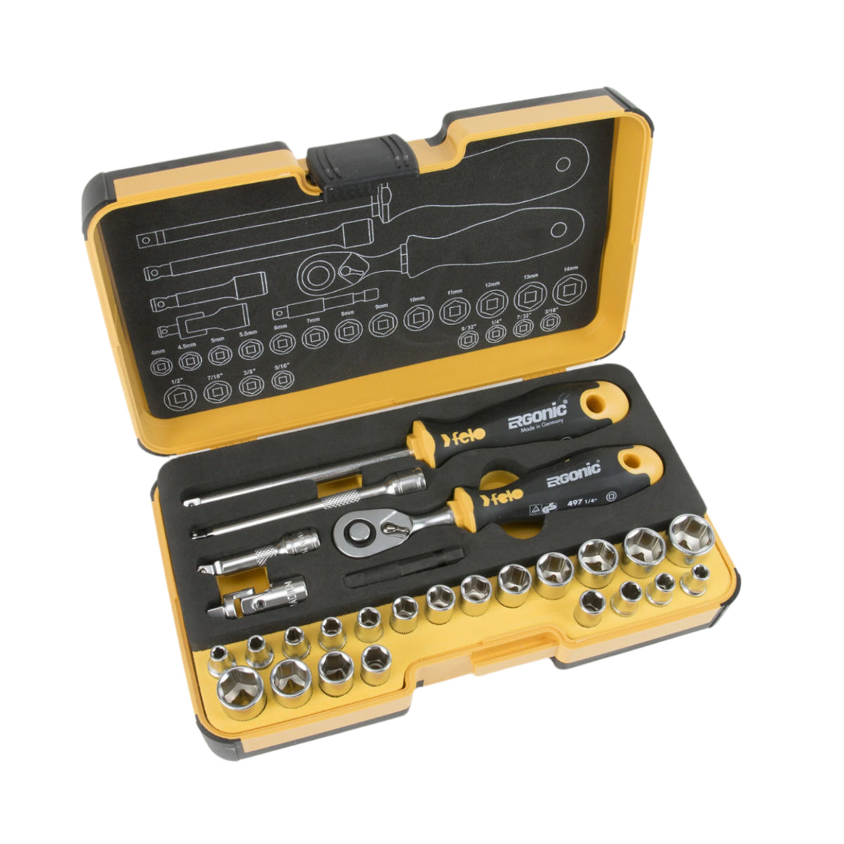 Felo Socket Kit Felo 05782706 R-GO Box Sockets, Ergonic Ratchet, Inch/Metric - 27pc ...