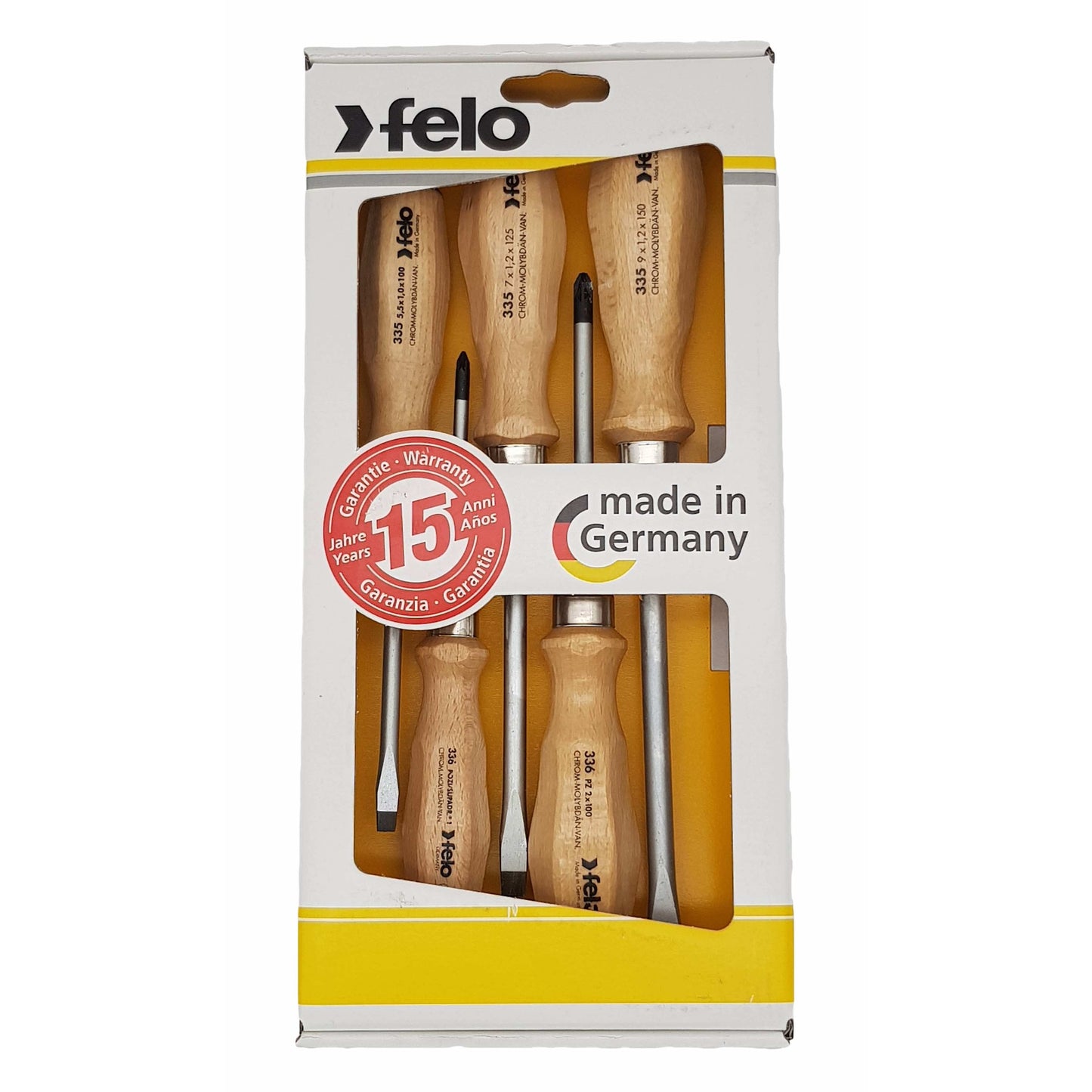 Felo 33595298 Wood Handle Slotted & Pozidriv Screwdriver Set, 5 Pieces