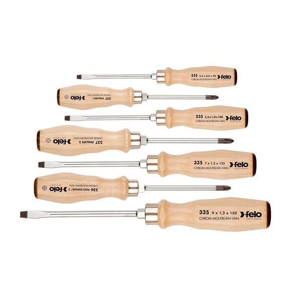 Felo 33597198 Wood Handle Slotted, Phillips and Pozidriv Screwdriver Set, 7 Pieces