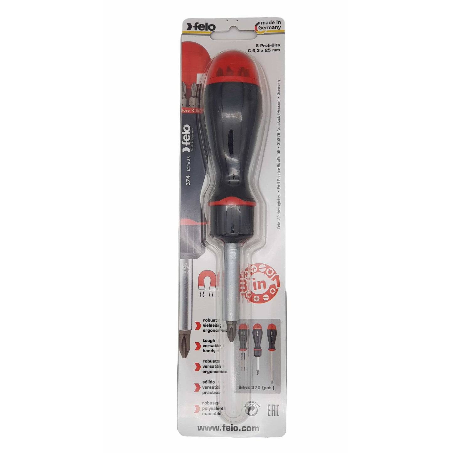 Felo 37420405 Magazine Handle Ratcheting Bitholder, SL/PZ/PH/Torx, 181 mm, 8 Pieces