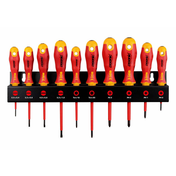 Felo 41491093 Set of screwdrivers dielectric SL/PZ/PH/Tx Ergonic on a steel stand, 10 pcs