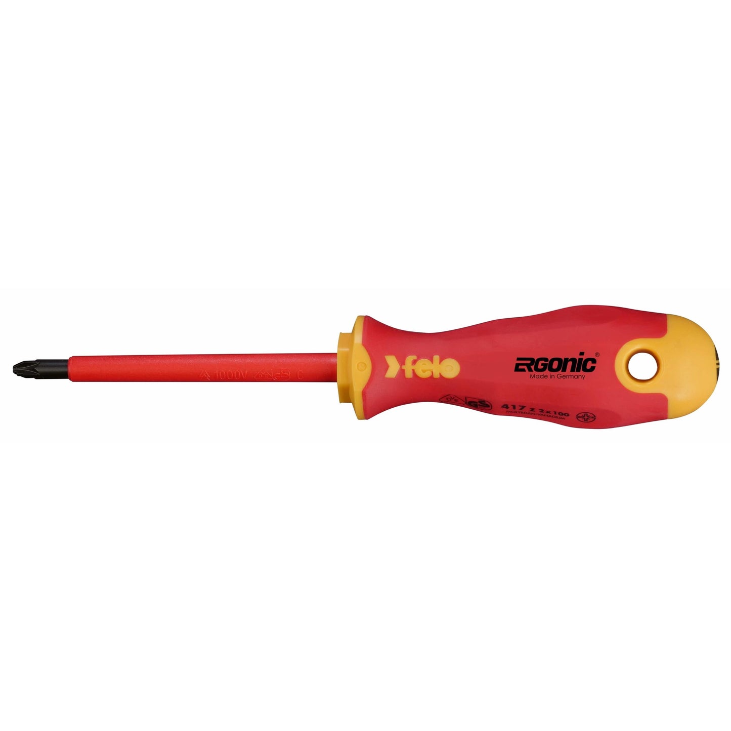 Felo 41720390 VDE Insulated Pozidriv-Slotted Plus-Minus #2 Ergonic Screwdriver, 100 mm