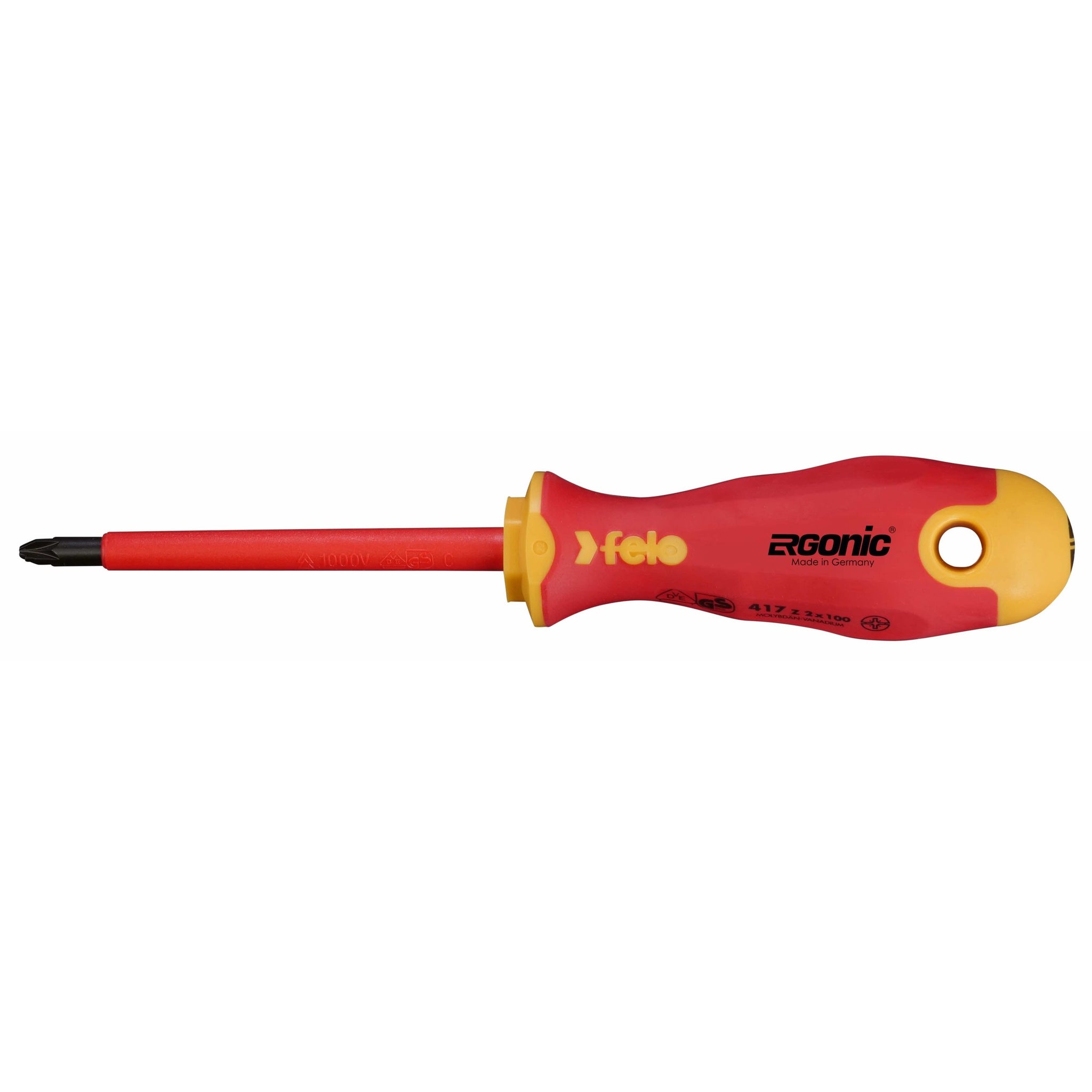 Felo 41720390 VDE Insulated Pozidriv-Slotted Plus-Minus #2 Ergonic Screwdriver, 100 mm