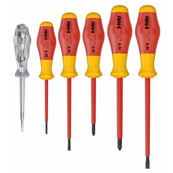 Felo 91396198 VDE Insulated No. 9 Slotted/Phillips Screwdriver Set, 6 Pieces