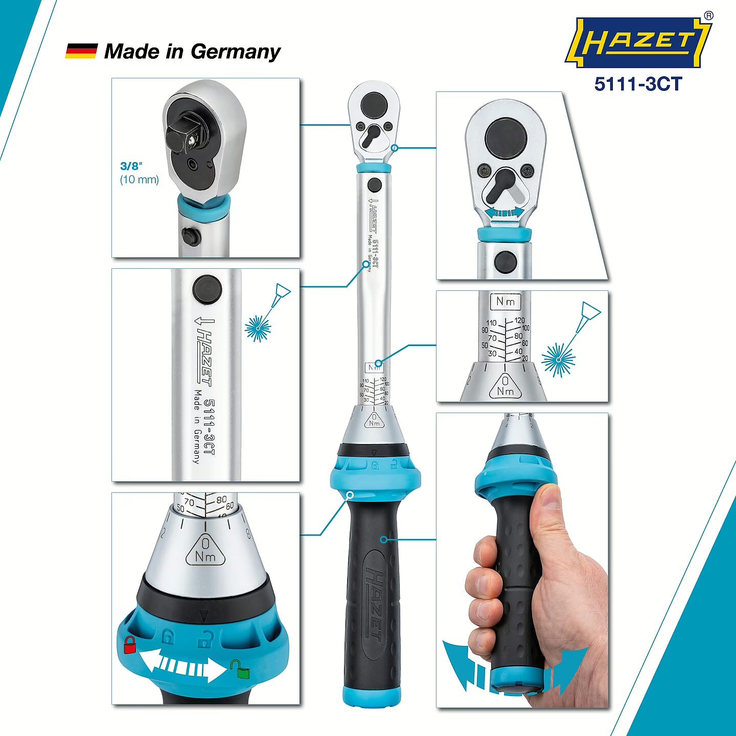 Hazet 5111-3CT 3⁄8″ Torque wrench ∙ 20 – 120 Nm ∙ ±3%