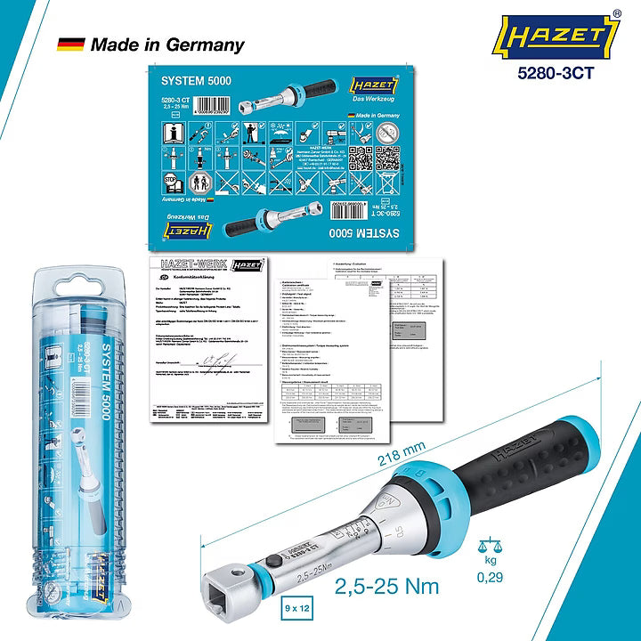 Hazet 5280-3CTCAL 9 x 12 mm Torque wrench with DAkkS calibration certificate ∙ 2.5 – 25 Nm ∙ ±3%