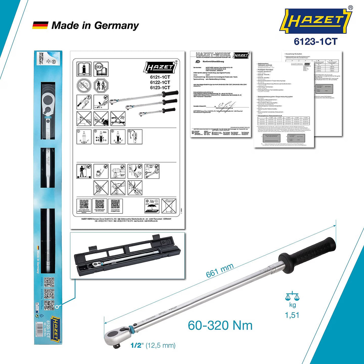 Hazet 6123-1CT 1⁄2″ Torque wrench ∙ 60 – 320 Nm ∙ ±2% ∙ With HiPer reversible ratchet