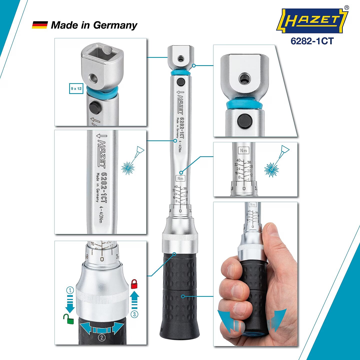 Hazet 6282-1CTCAL 9 x 12 mm Torque wrench with DAkkS calibration certificate ∙ 4 – 40 Nm ∙ ±2%