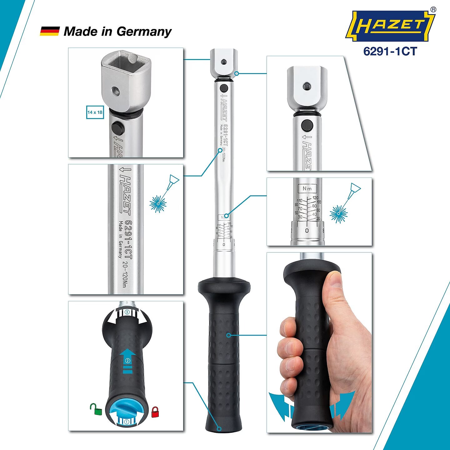 Hazet 6291-1CTCAL 14 x 18 mm Torque wrench with DAkkS calibration certificate ∙ 20 – 120 Nm ∙ ±2%