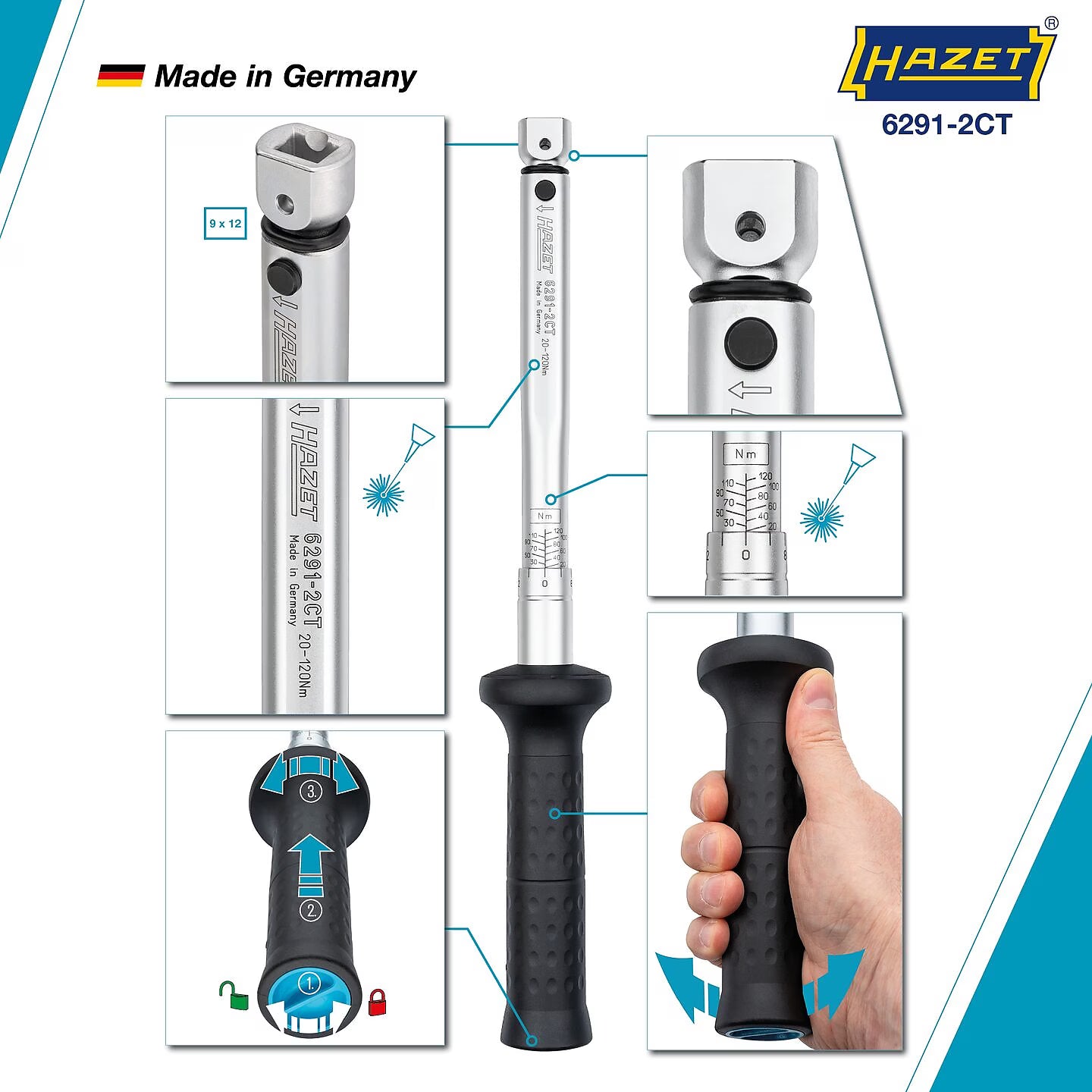 Hazet 6291-2CT 9 x 12 mm Torque wrench ∙ 20 – 120 Nm ∙ ±2%