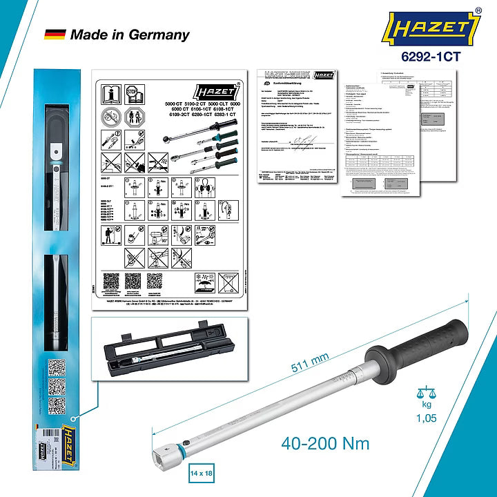 Hazet 6292-1CTCAL 14 x 18 mm Torque wrench with DAkkS calibration certificate ∙ 40 – 200 Nm ∙ ±2%