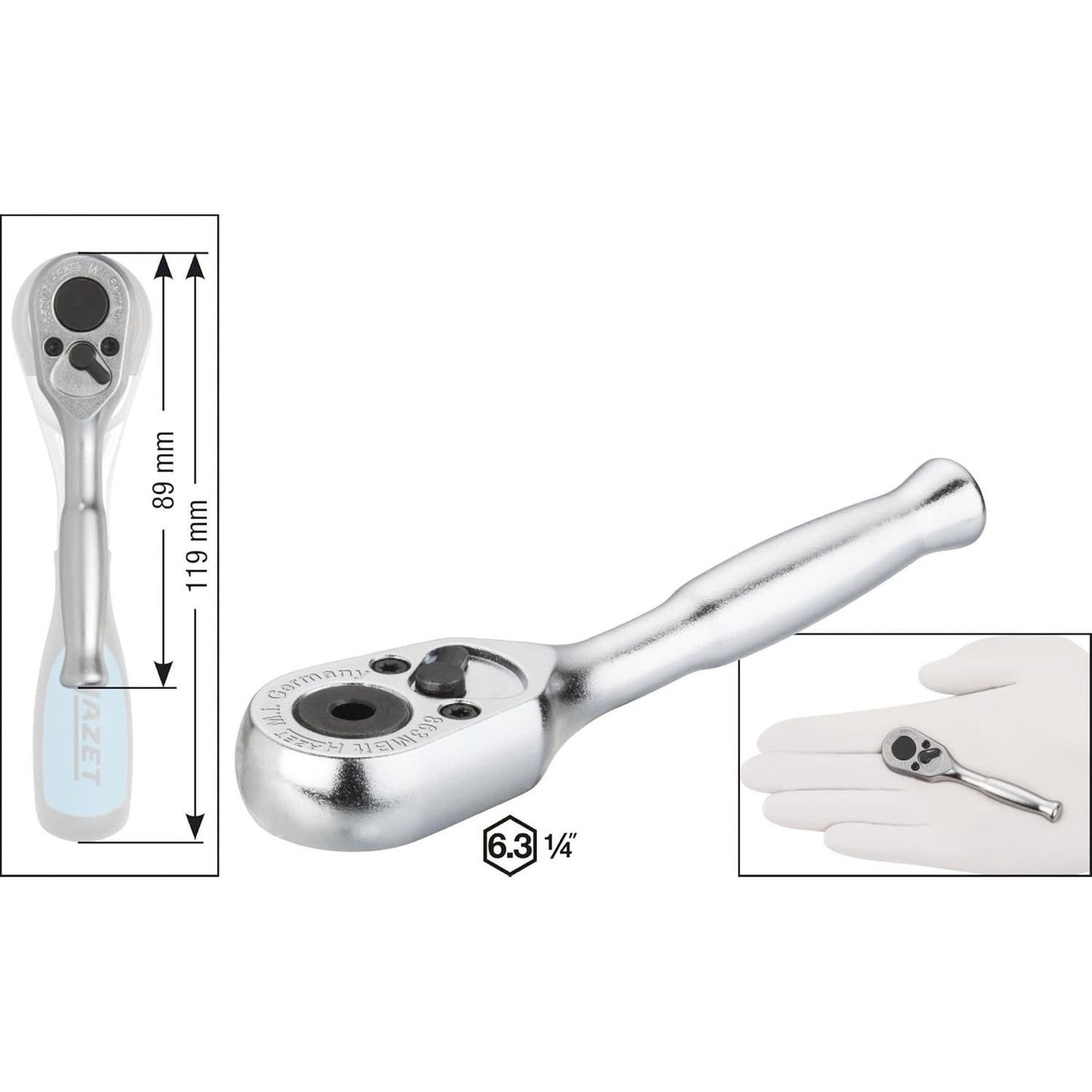 Hazet 863MBIT - 1⁄4″ Reversible Ratchet, Solid Steel For Bits