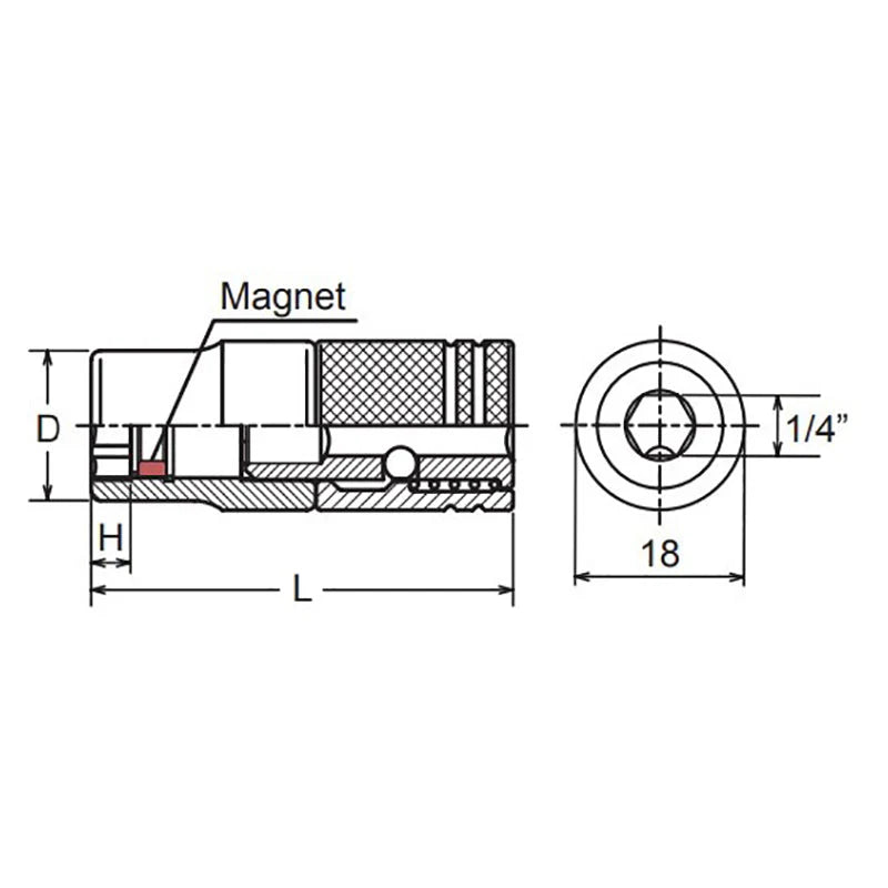 Koken 165LM.45-10 - 1/4 Hex Dr. Slide Socket 10mm 6 point Length 45mm Ring Magnet
