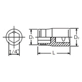 Koken 2137 - 1/4" Sq Drive Adaptor For 1/4H Bit 22.5mm Length