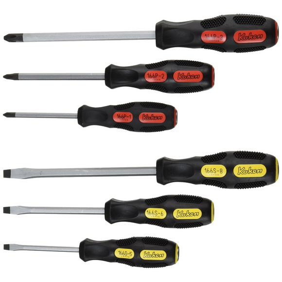 Koken PK166PS/6 - Cross and Slotted Head Blade Through Type Screwdriver Set, PH1-2-3/SL5-6-8 in ABS Plastic Tray 6 Pieces