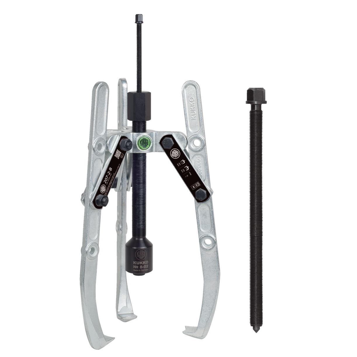 Kukko 207-2-B - Heavy duty, 3-armed lug puller 450 x 400 mm with oscillating, height adjustable puller legs, combination crosshead and grease hydraulic spindle