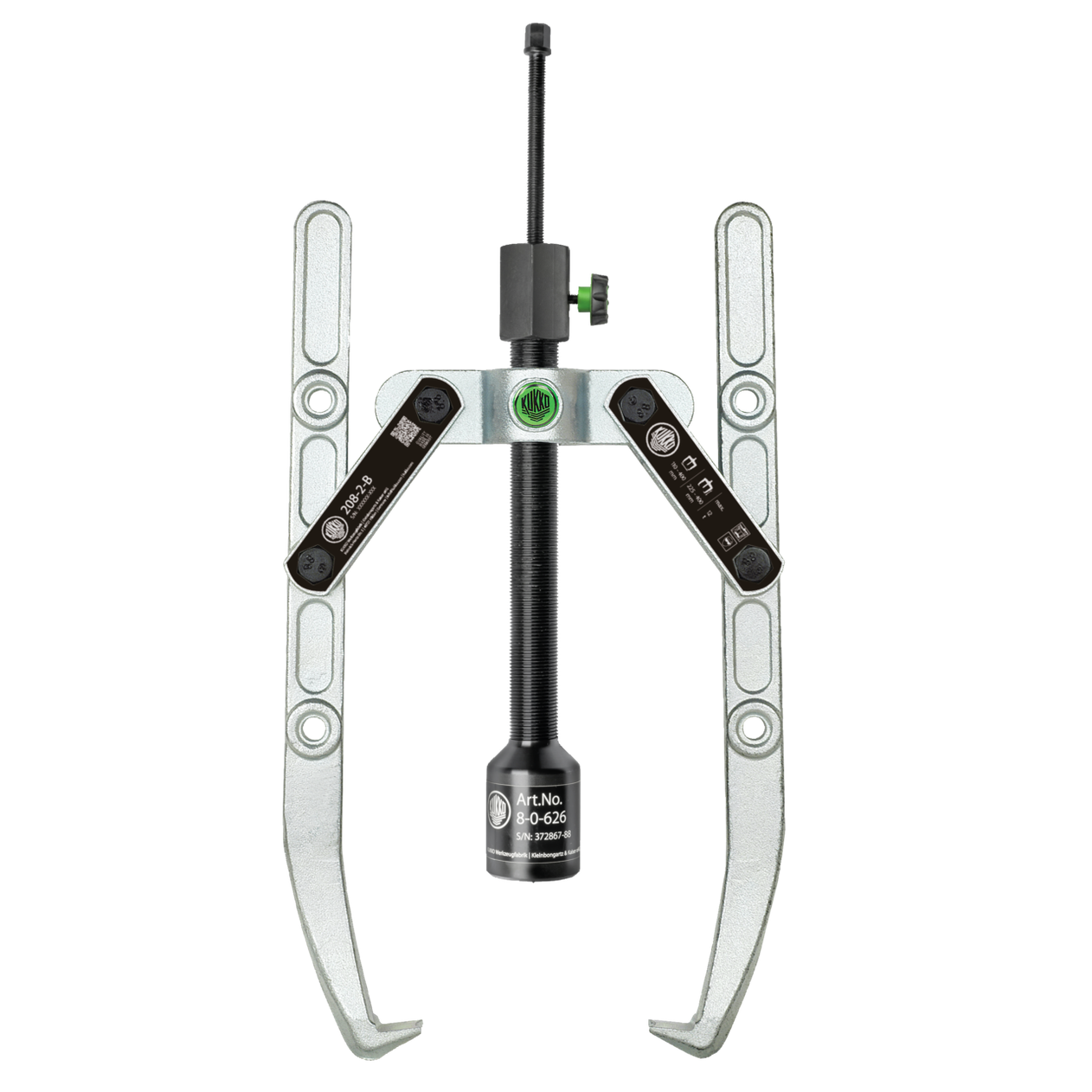 Kukko 208-2-B - 2-jaw puller with oscillating, reversible puller jaws, reinforced reach, hydraulic spindle, up to 400 mm spread, 225 mm reach