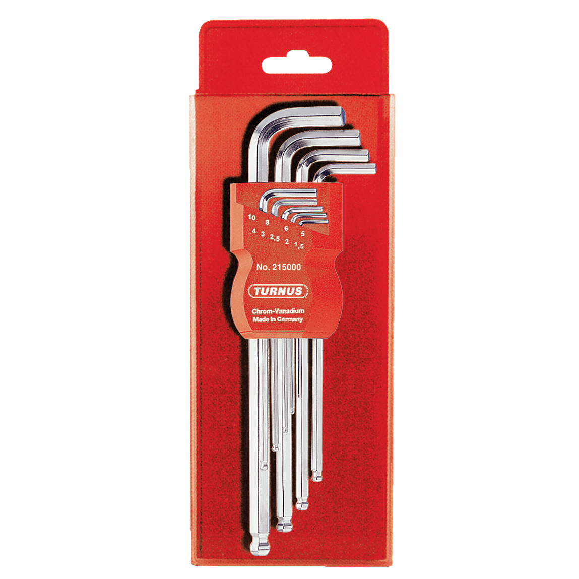 Kukko 215-002 - Long angle screwdriver with ball head, 1,5, 2,0, 2,5, 3,0, 4,0, 5,0, 6,0, 8,0, 10,0 mm key sizes in the TURNUS clip in retail packaging