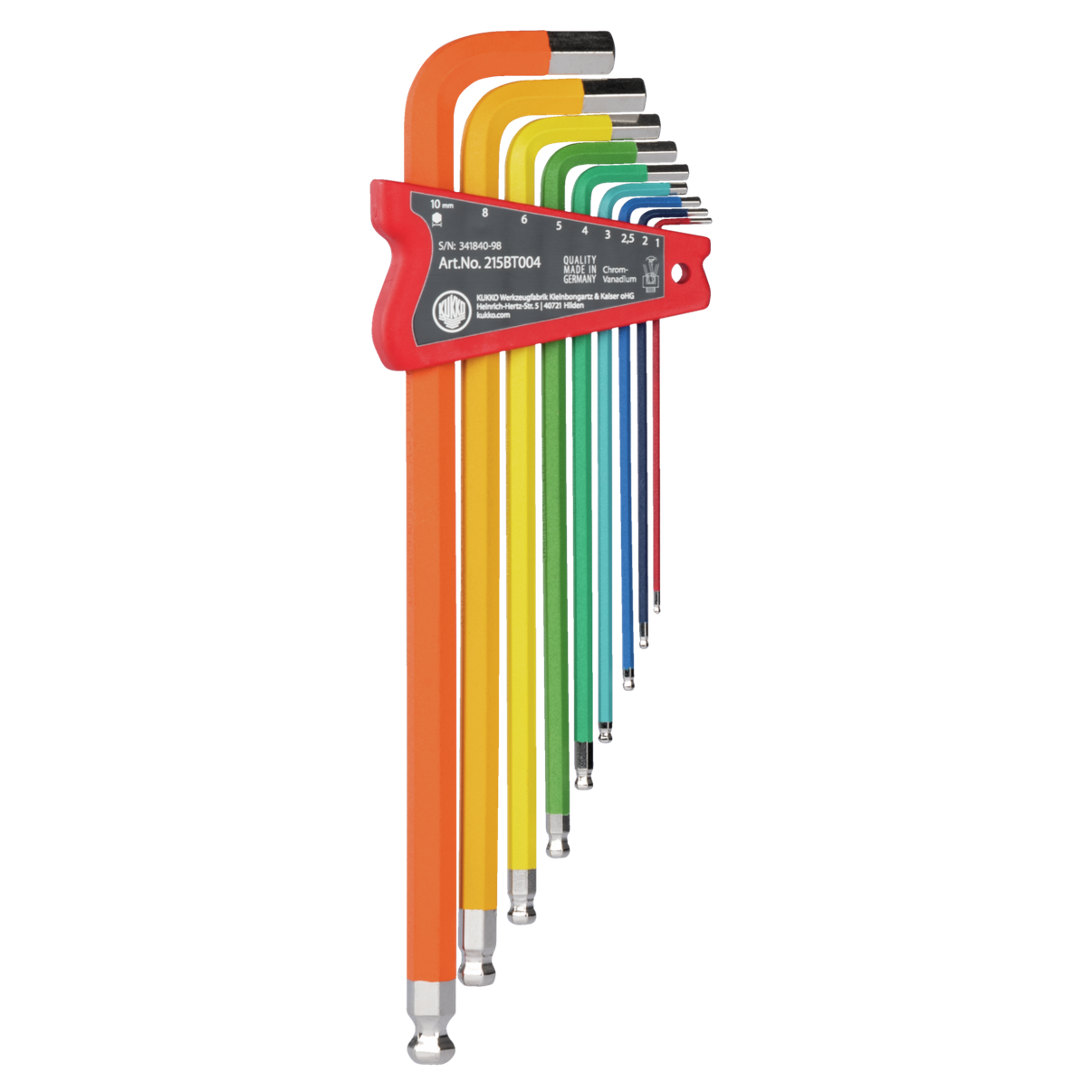 Kukko 215BT004 - Long color-coded angle screwdrivers with ball head, 1,5, 2,0, 2,5, 3,0, 4,0, 5,0, 6,0, 8,0, 10,0 mm key widths in holder