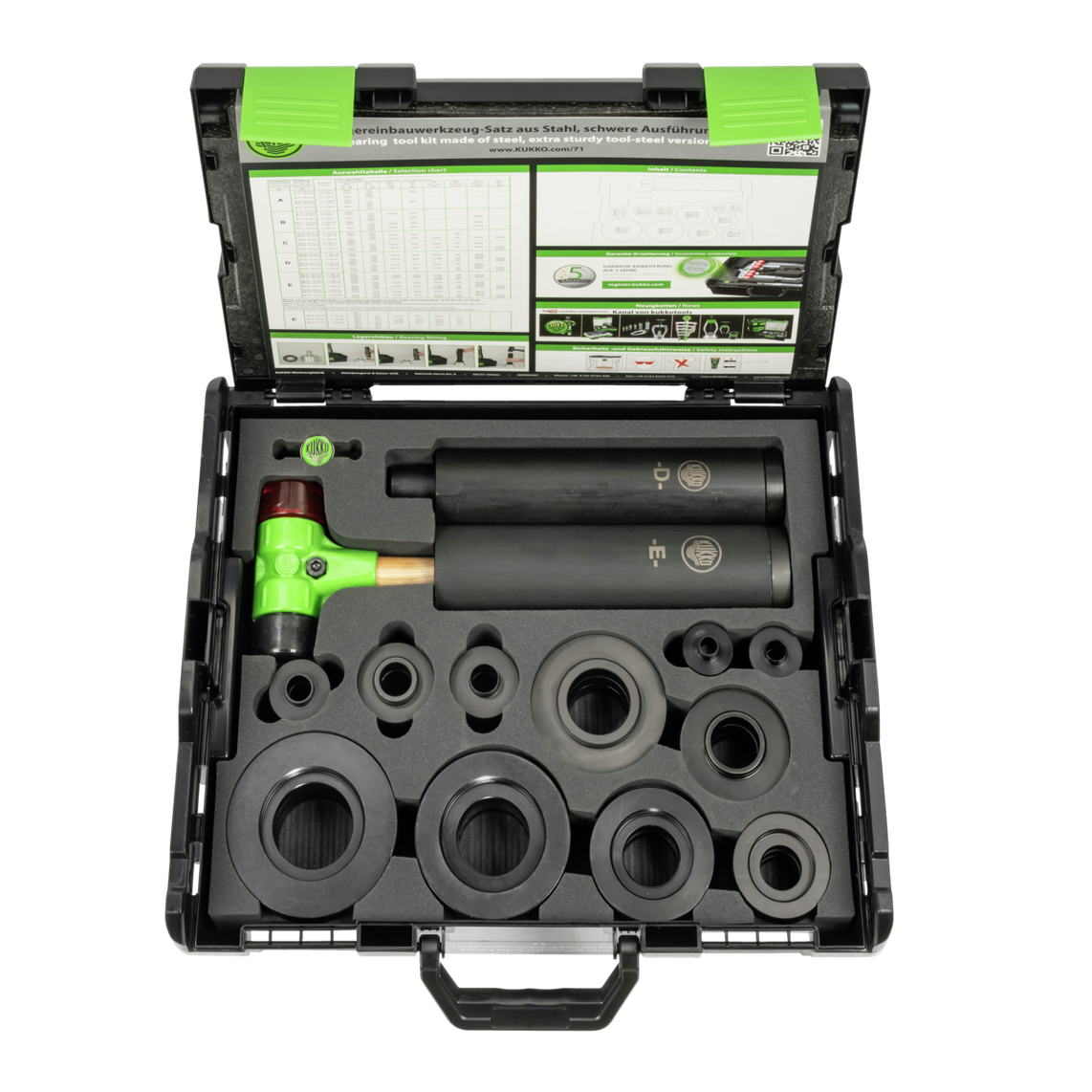 Kukko 71 - Bearing installation tool set made of steel, heavy-duty, for ball bearings with an inner diameter of 5-10 mm, outer diameter of 26 - 110 mm.