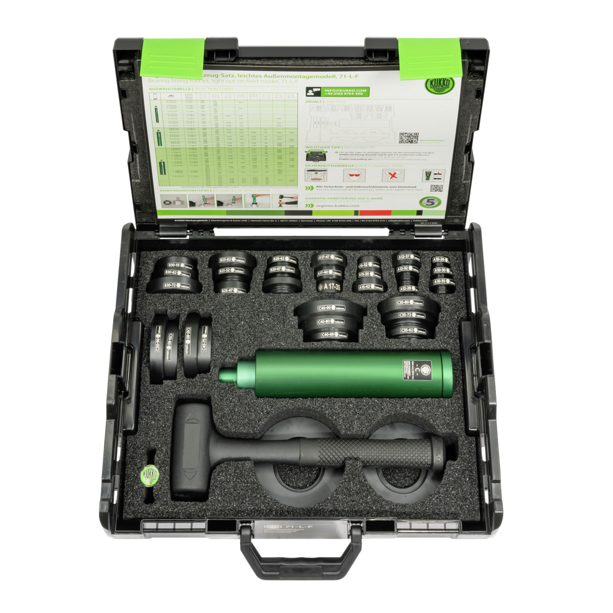 Kukko 71-L-F - Bearing installation tool set with soft-face hammer, lightweight external mounting model, for ball bearings with inner diameter 10 - 50 mm, outer diameter 26 - 110 mm