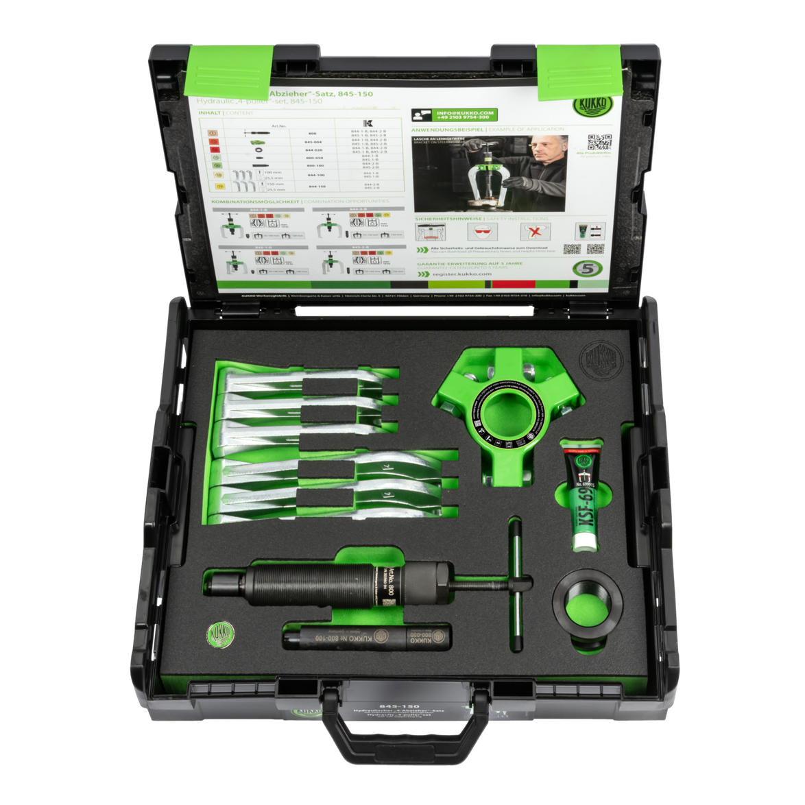 Kukko 845-150 - Hydraulic ã4 PullerÒ set 50-150 x 150 mm / 10 ton with self-centering puller jaws