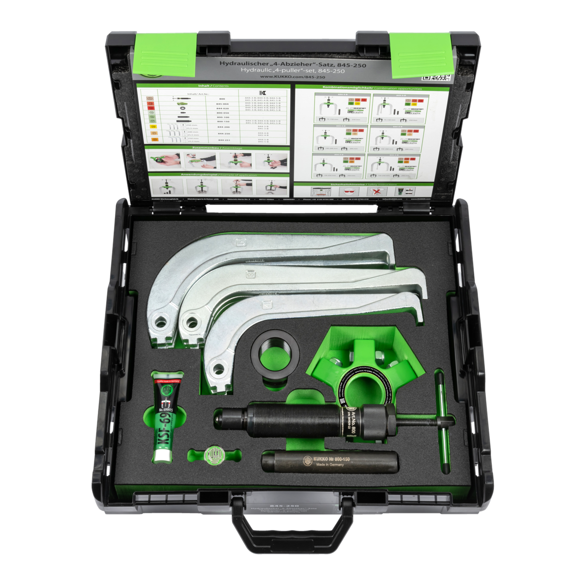 Kukko 845-250 - Hydraulic ã6 PullerÒ Set 75-250 x 250 mm / 10 ton with self-centering puller jaws