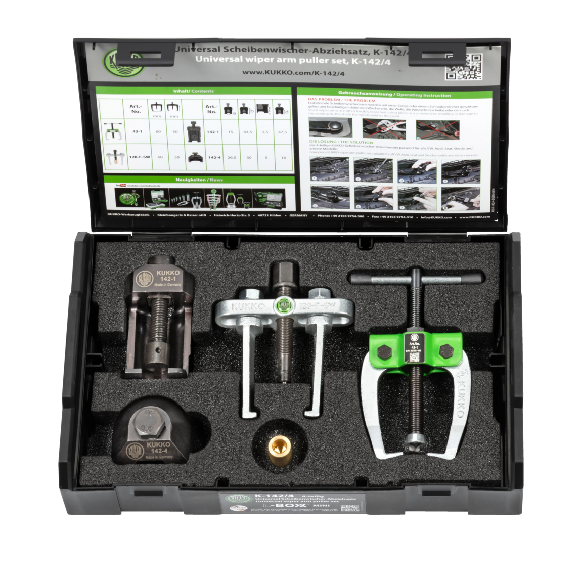 Kukko K-142/4 - Universal puller set 5-piece in L-Boxx-mini for all cars, especially all VW, Audi, Seat, Skoda.