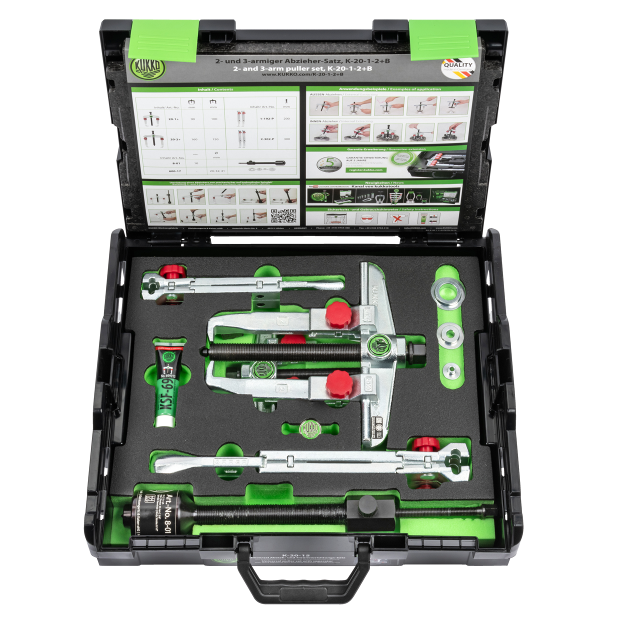 Kukko K-20-1-2+B - 2-jaw universal puller set with quick adjustment, hydraulic spindle, extensions