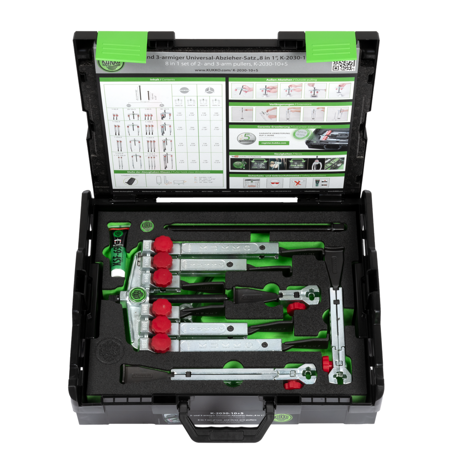 Kukko K-2030-10+S | 13-piece universal puller set 2-jaw and 3-jaw with narrow, quick-adjusting jaws