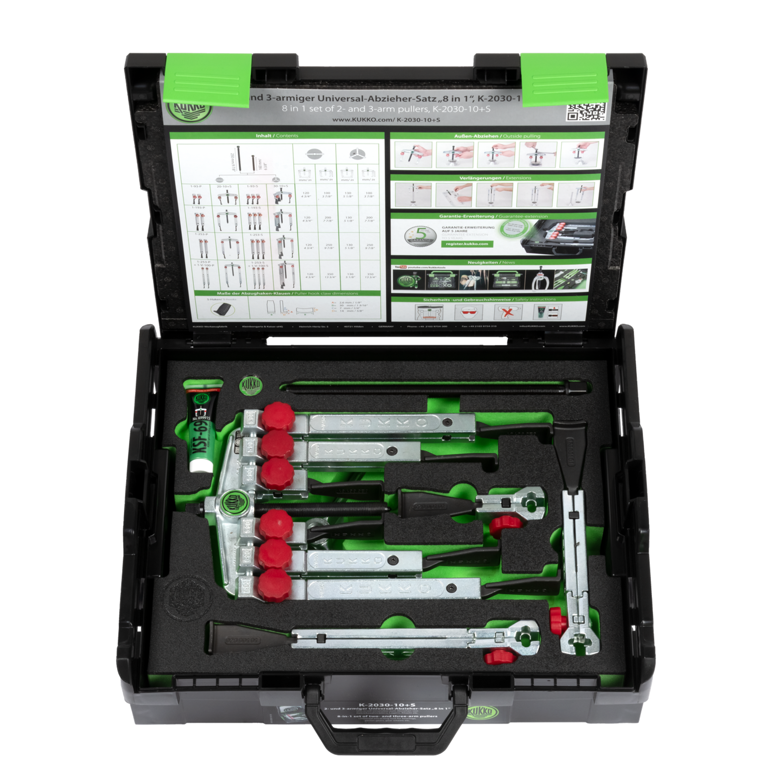 Kukko K-2030-10+S | 13-piece universal puller set 2-jaw and 3-jaw with narrow, quick-adjusting jaws