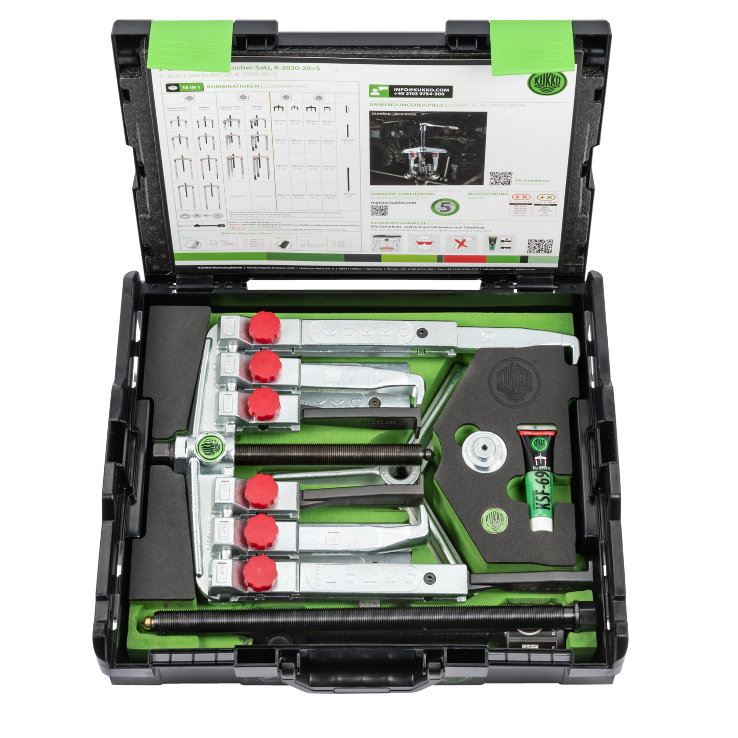 Kukko K-2030-20+S | 15-piece universal puller set 2-jaw and 3-jaw with two different puller jaw types