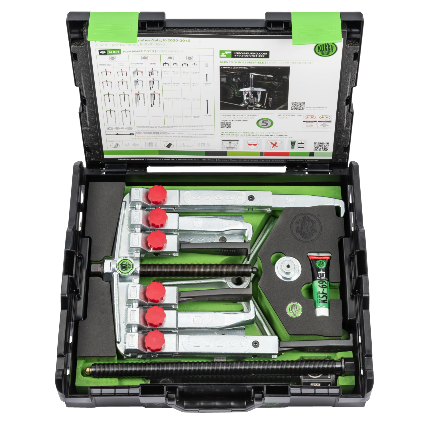 Kukko K-2030-20+S | 15-piece universal puller set 2-jaw and 3-jaw with two different puller jaw types
