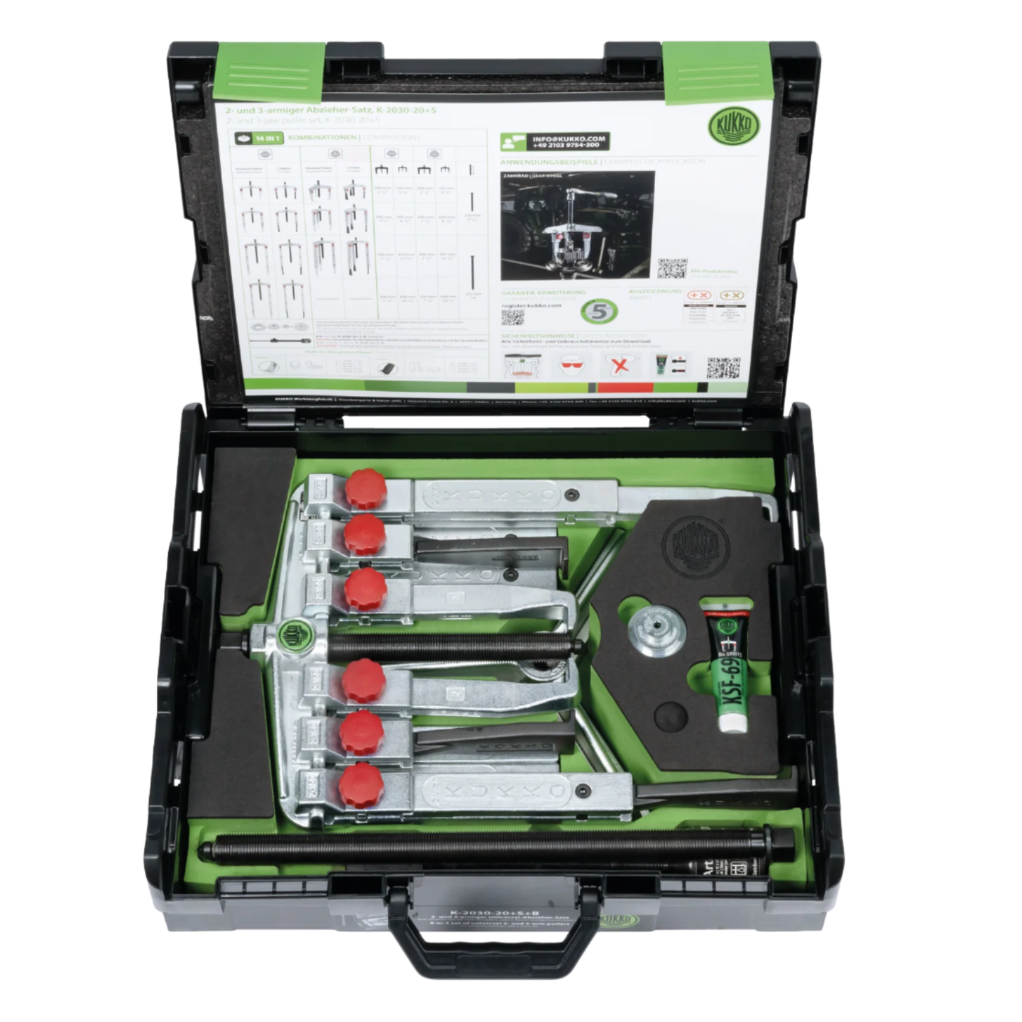 Kukko K-2030-20+S+B | 16-Piece Universal Puller Set 2-Jaw & 3-Jaw With Two Different Types of Puller Jaws and Hydraulic Spindle
