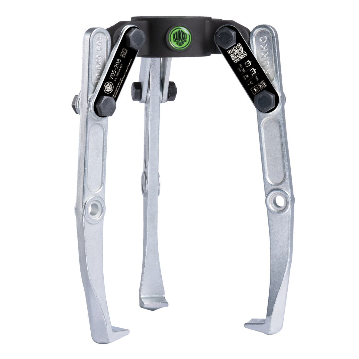 Kukko Y05-208 - 3-jaw puller with swiveling extraction jaws, up to 250 mm spread, 215 mm reach depth without hydraulic pressure cylinder