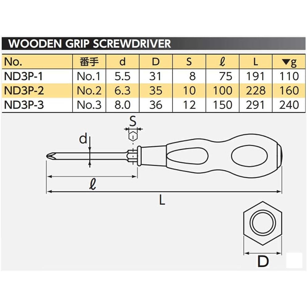 Nepros ND3P Wooden Screwdrivers, Phillips