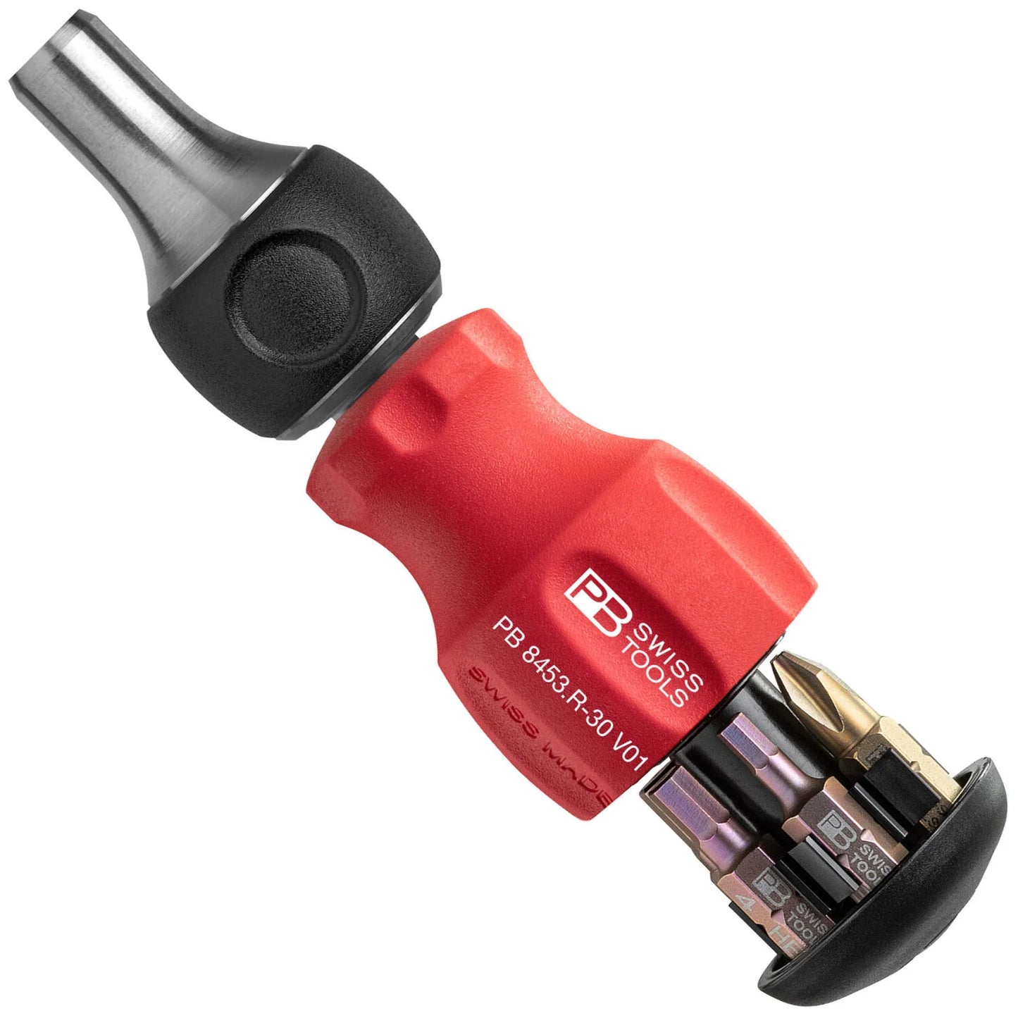 PB Swiss PB 8453.R-30 - Stubby Ratchet, Ratchet Handle, Integrated Bit Magazine, 6 Precision Bits C6