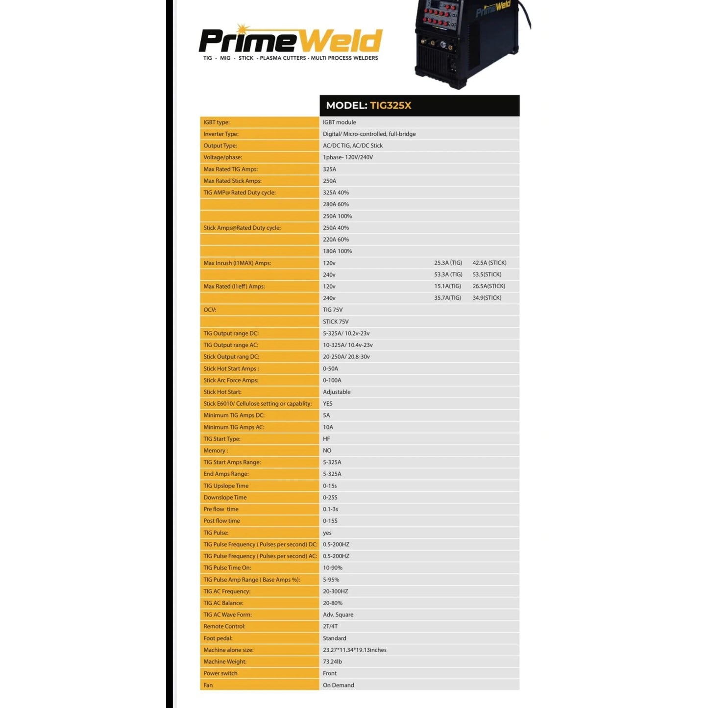 PrimeWeld TIG 325 MACHINE ONLY