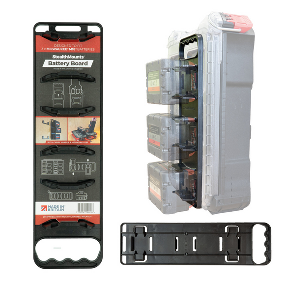 StealthMounts Milwaukee M18 Battery Holder Board with Handle and Packout Feet