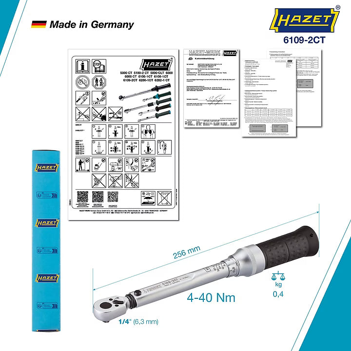 Hazet 6109-2CT 1⁄4″ Torque wrench ∙ 4 – 40 Nm ∙ ±2% ∙ With HiPer reversible ratchet