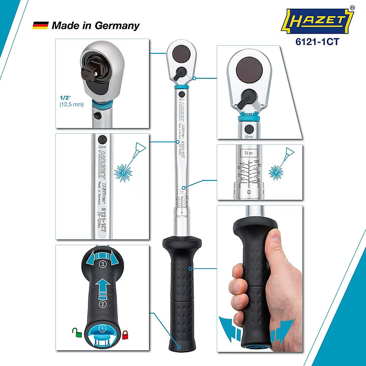 Hazet 6121-1CT 1⁄2″ Torque wrench ∙ 20 – 120 Nm ∙ ±2% ∙ With HiPer reversible ratchet